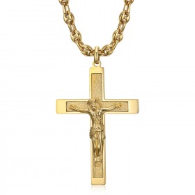 Anhänger Kreuz mit Christus Stahl Gold Kette Kaffeebohne IM#24227