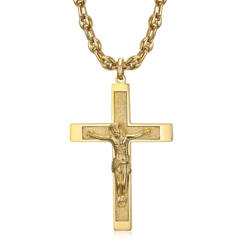 Anhänger Kreuz mit Christus Stahl Gold Kette Kaffeebohne IM#24227