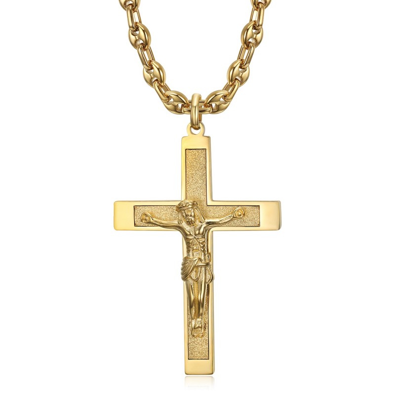 Pendentif croix avec Christ Acier Or Chaîne grain de café  IM#24227