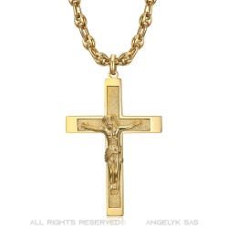Pendentif croix avec Christ Acier Or Chaîne grain de café  IM#24228