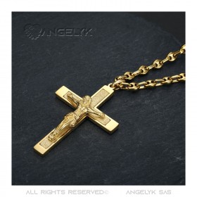 Anhänger Kreuz mit Christus Stahl Gold Kette Kaffeebohne IM#24229