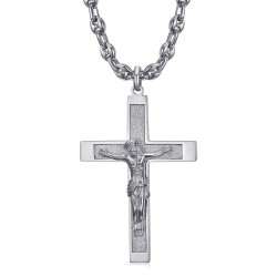 Croce con Cristo Ciondolo in acciaio argentato Catena con chicchi di caffè IM#24233