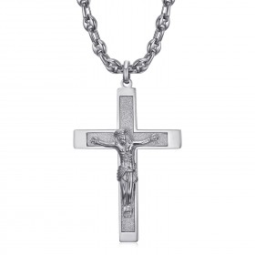 Pendentif croix avec Christ Acier Argent Chaîne grain de café  IM#24233