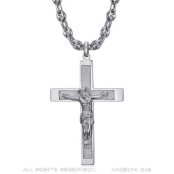 Croce con Cristo Ciondolo in acciaio argentato Catena con chicchi di caffè IM#24234