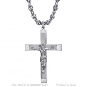 Anhänger Kreuz mit Christus Stahl Silber Kette Kaffeebohne IM#24234