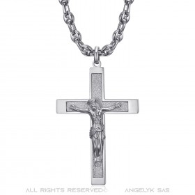 Croce con Cristo Ciondolo in acciaio argentato Catena con chicchi di caffè IM#24234