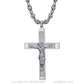 Cross with Christ Pendant Silver Steel Coffee Bean Chain IM#24234