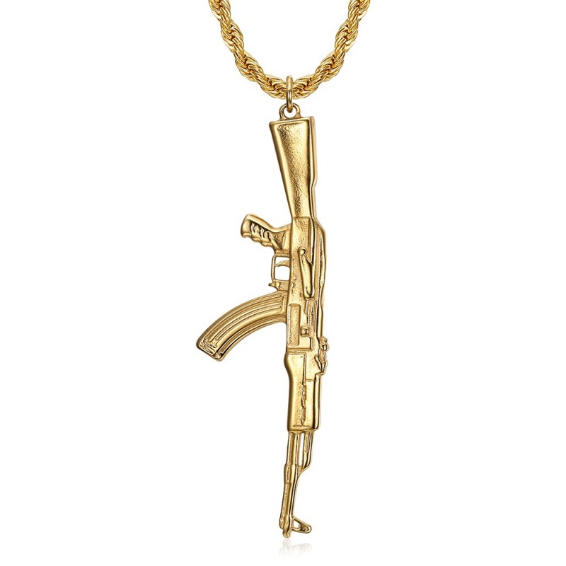 Großer Kalashnikov AK47 Anhänger Stahl und Gold Kette 70cm