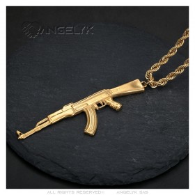 Grand pendentif Kalashnikov Fusil Assaut AK47 acier Or  IM#24241