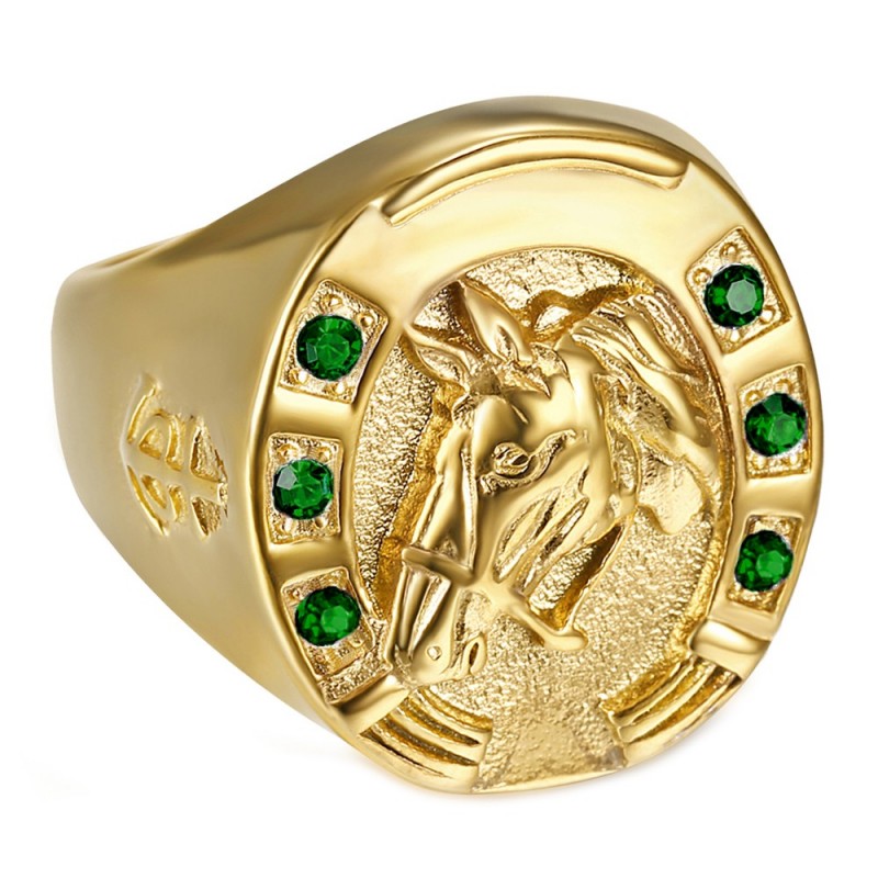 Anello a ferro di cavallo verde smeraldo Camargue Traveller acciaio oro IM#24258