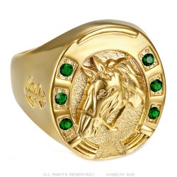 Horseshoe Ring Emerald Green Camargue Traveller Steel Gold IM#24259