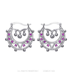 Savoyard Women Adult 35mm Creoles Pink Sapphire Silver IM#24332