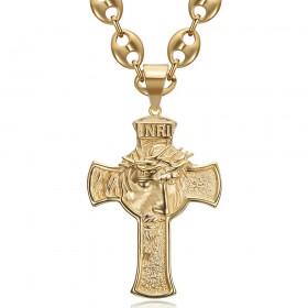 Grand pendentif tête du Christ sur croix 75mm acier Or Grain de café  IM#24447