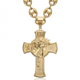 Großer Anhänger Christuskopf auf Kreuz 75mm Stahl Gold Kaffeebohne IM#24447