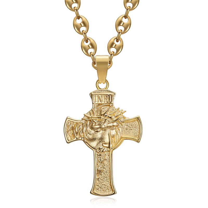 Anhänger Christuskopf am Kreuz 55mm Stahl Gold Kaffeebohne IM#24461