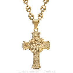 Ciondolo Testa di Cristo in croce 55 mm acciaio Oro Chicco di caffè IM#24462