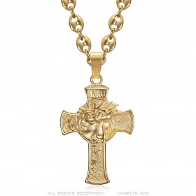 Anhänger Christuskopf am Kreuz 55mm Stahl Gold Kaffeebohne IM#24462