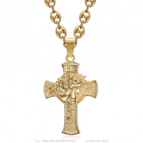 Colgante Cristo cabeza en cruz 55mm acero Oro Grano de café IM#24462