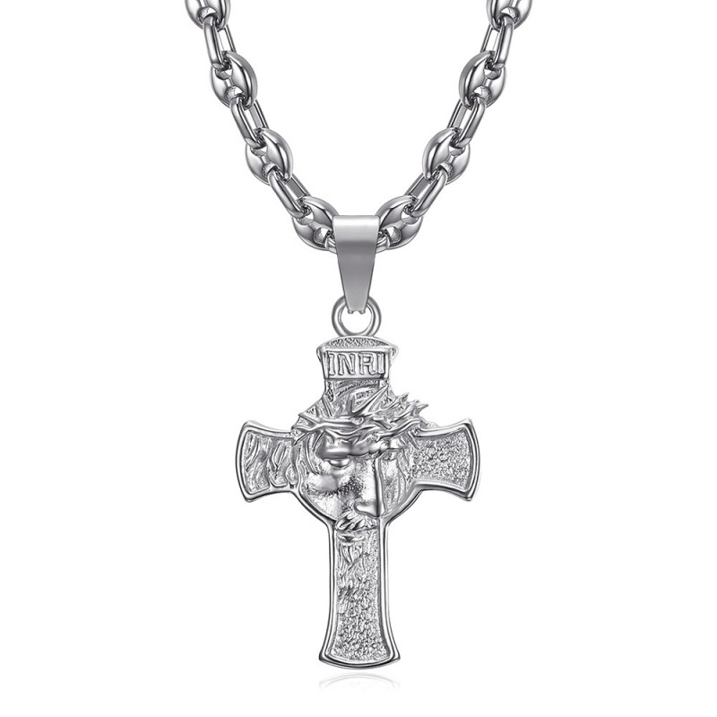 Ciondolo testa di Cristo in croce 40 mm acciaio Argento Chicco di caffè IM#24468