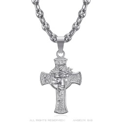 Pendant Christ head on cross 40mm steel Silver Coffee Bean IM#24469
