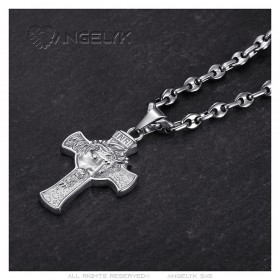 Ciondolo testa di Cristo in croce 40 mm acciaio Argento Chicco di caffè IM#24470