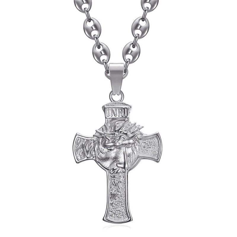 Anhänger Christuskopf am Kreuz 55mm Stahl Silber Kaffeebohne IM#24475