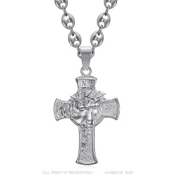 Colgante Cristo cabeza en cruz 55mm acero Plata Grano de café IM#24476