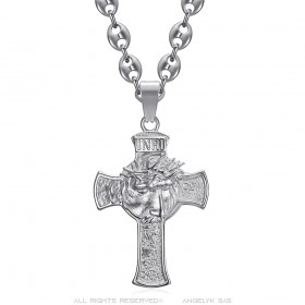 Anhänger Christuskopf am Kreuz 55mm Stahl Silber Kaffeebohne IM#24476