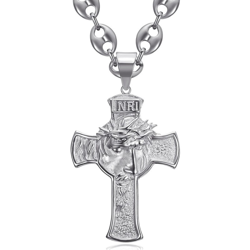 Grand pendentif tête du Christ sur croix 75mm acier Argent Grain de café  IM#24482