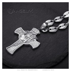 Grand pendentif tête du Christ sur croix 75mm acier Argent Grain de café  IM#24484