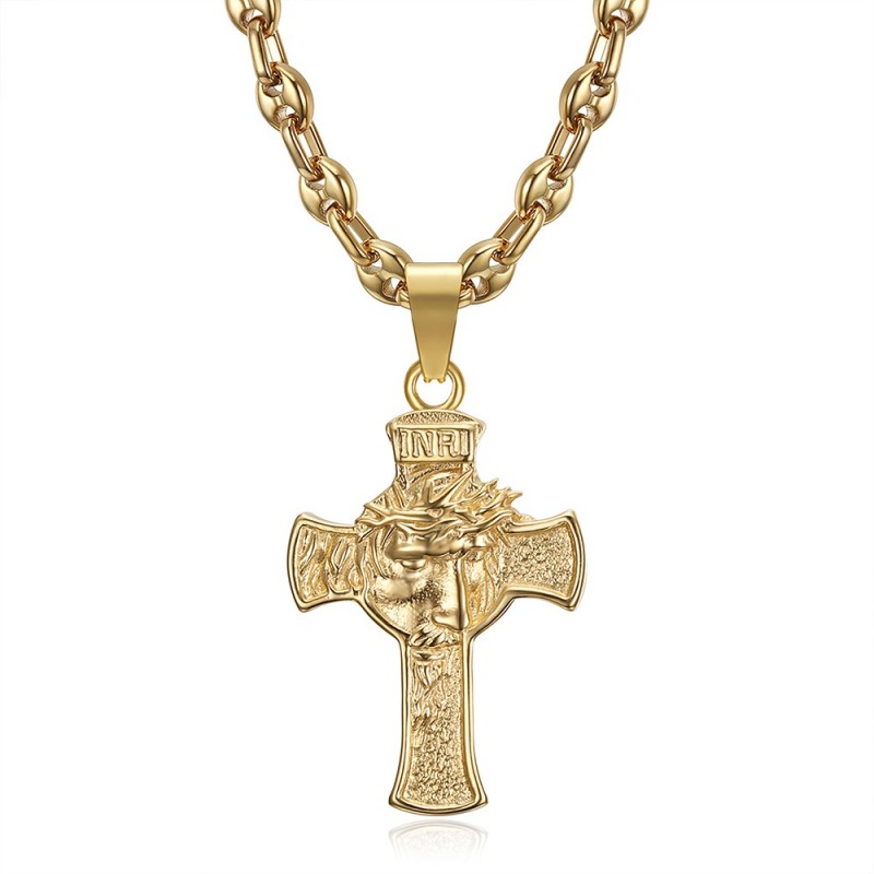 Colgante Cristo cabeza en cruz 40mm acero Oro Grano de café IM#24489