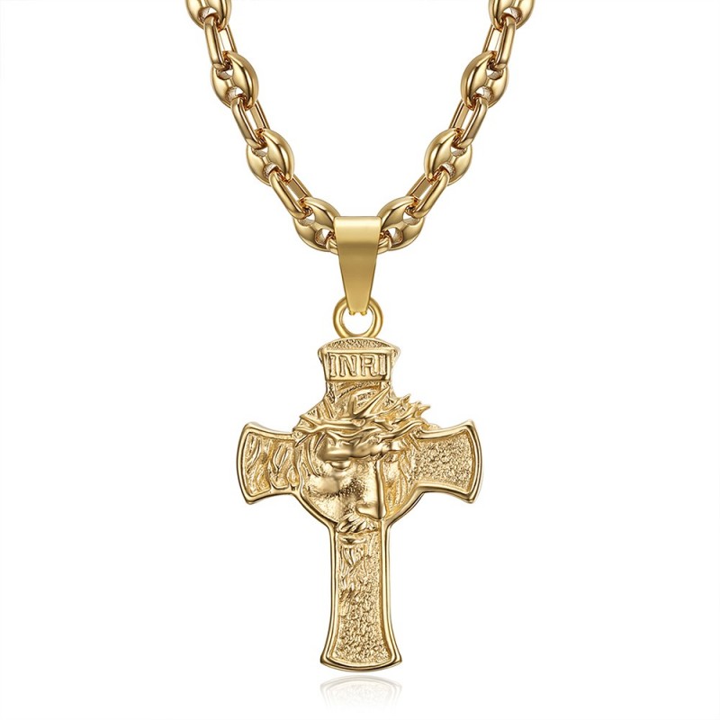 Ciondolo Testa di Cristo in croce 40 mm acciaio Oro Chicco di caffè IM#24489