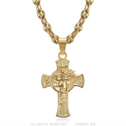 Colgante Cristo cabeza en cruz 40mm acero Oro Grano de café IM#24490