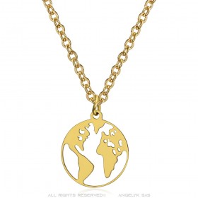 Pendentif carte du Monde mappemonde Acier inoxydable Or  IM#24715