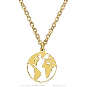 World Map Pendant Stainless Steel Gold IM#24715