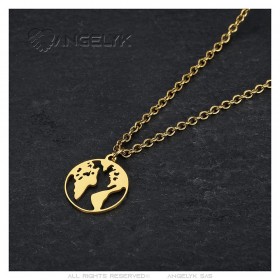 World Map Pendant Stainless Steel Gold IM#24717