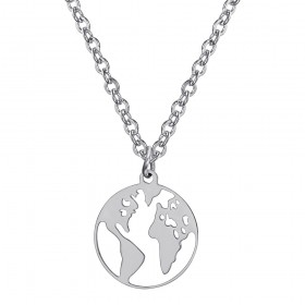 Pendentif carte du Monde mappemonde Acier inoxydable Argent  IM#24722