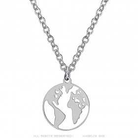 Pendentif carte du Monde mappemonde Acier inoxydable Argent  IM#24723