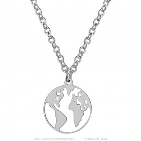 World map pendant Stainless steel Silver IM#24723
