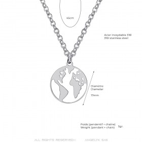 Pendentif carte du Monde mappemonde Acier inoxydable Argent  IM#24724