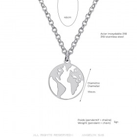 World Map Pendant Stainless Steel Silver IM#24724