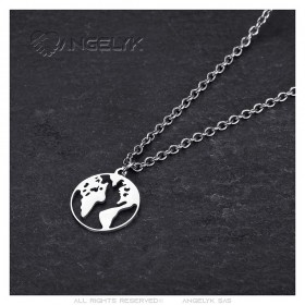 Pendentif carte du Monde mappemonde Acier inoxydable Argent  IM#24725