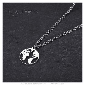 World Map Pendant Stainless Steel Silver IM#24725