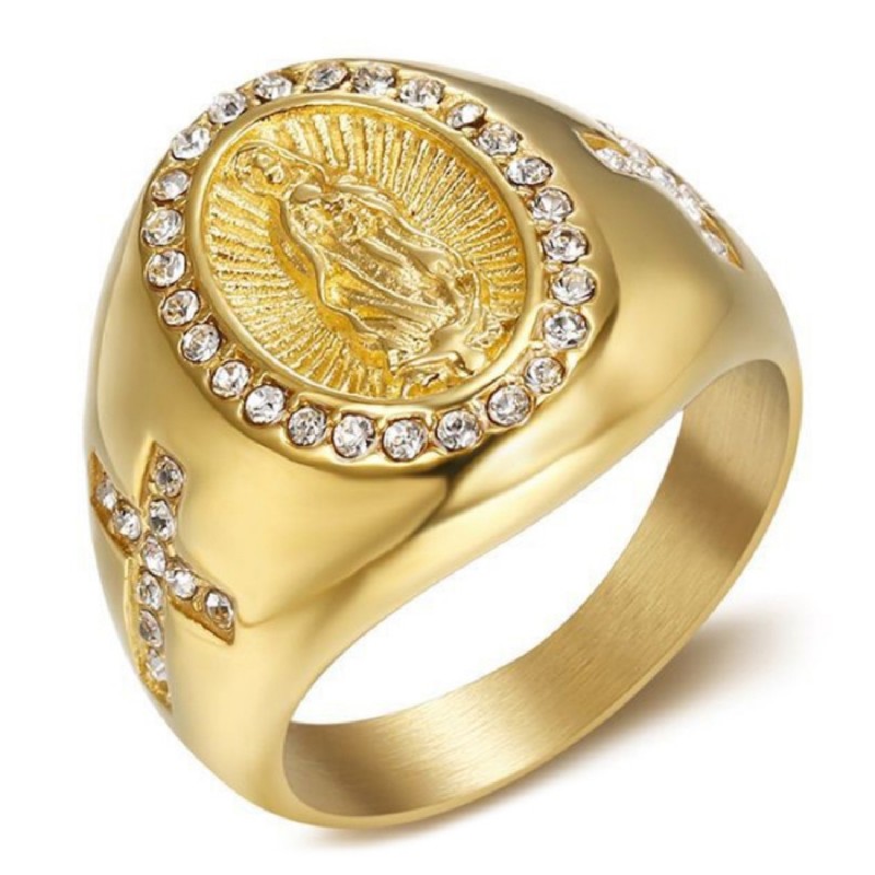 Ring der Jungfrau Maria Sara und Kreuz aus Stahl mit Golddiamanten IM#24729