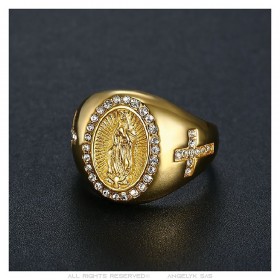 Ring of the Virgin Mary Sara and Cross Steel Gold Diamonds IM#24732