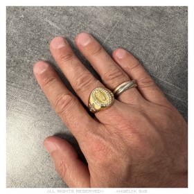 Ring of the Virgin Mary Sara and Cross Steel Gold Diamonds IM#24733