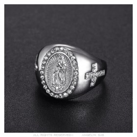 Ring of the Virgin Mary Sara and Cross Steel Silver Diamonds IM#24739