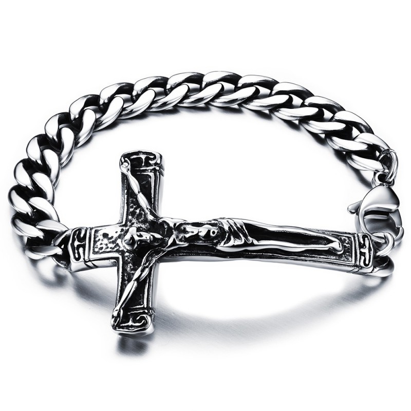 Brazalete Curb Jesús en la Cruz Acero Inoxidable Plata IM#24743