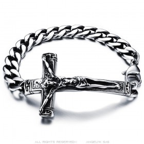 Brazalete Curb Jesús en la Cruz Acero Inoxidable Plata IM#24744