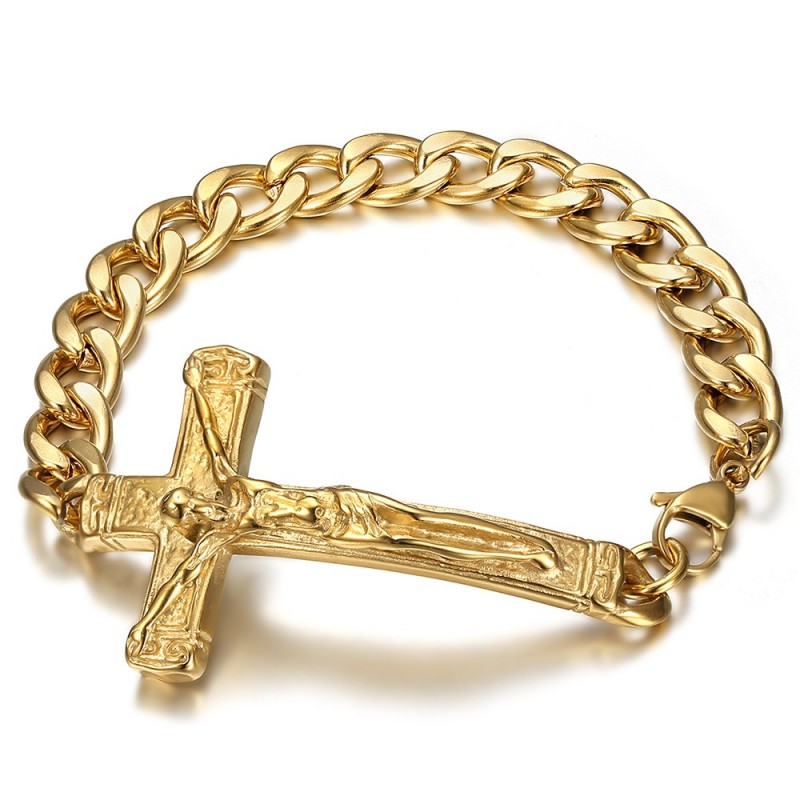 Gourmette Brazalete Jesús en la Cruz Acero Inoxidable Oro IM#24747